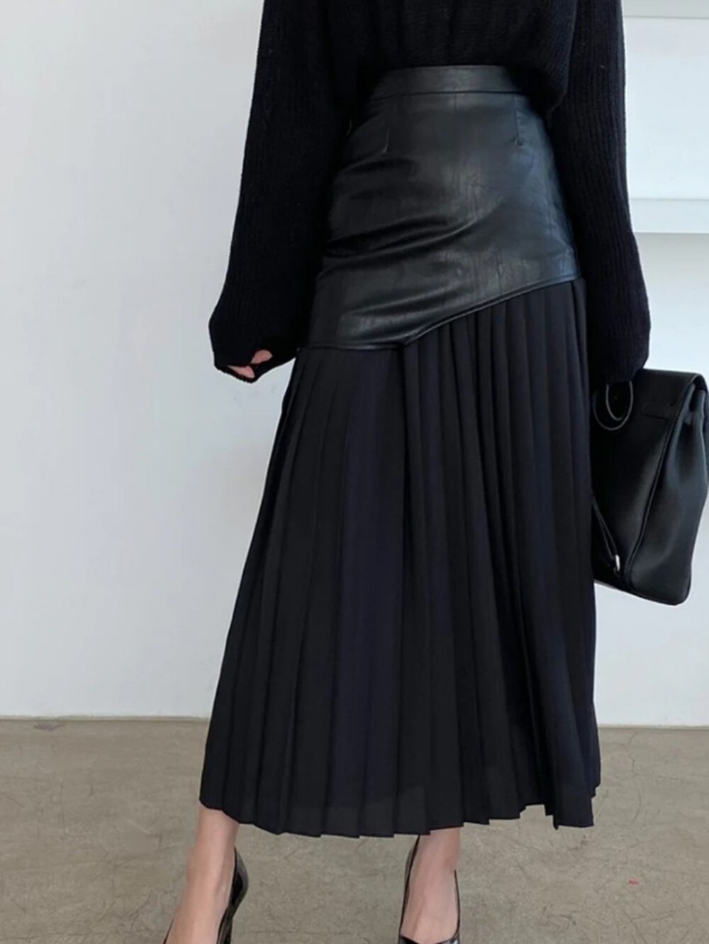 Commense Asymmetric Faux Leather Pleated Maxi Skirt Black Large NWT - Picture 2 of 8